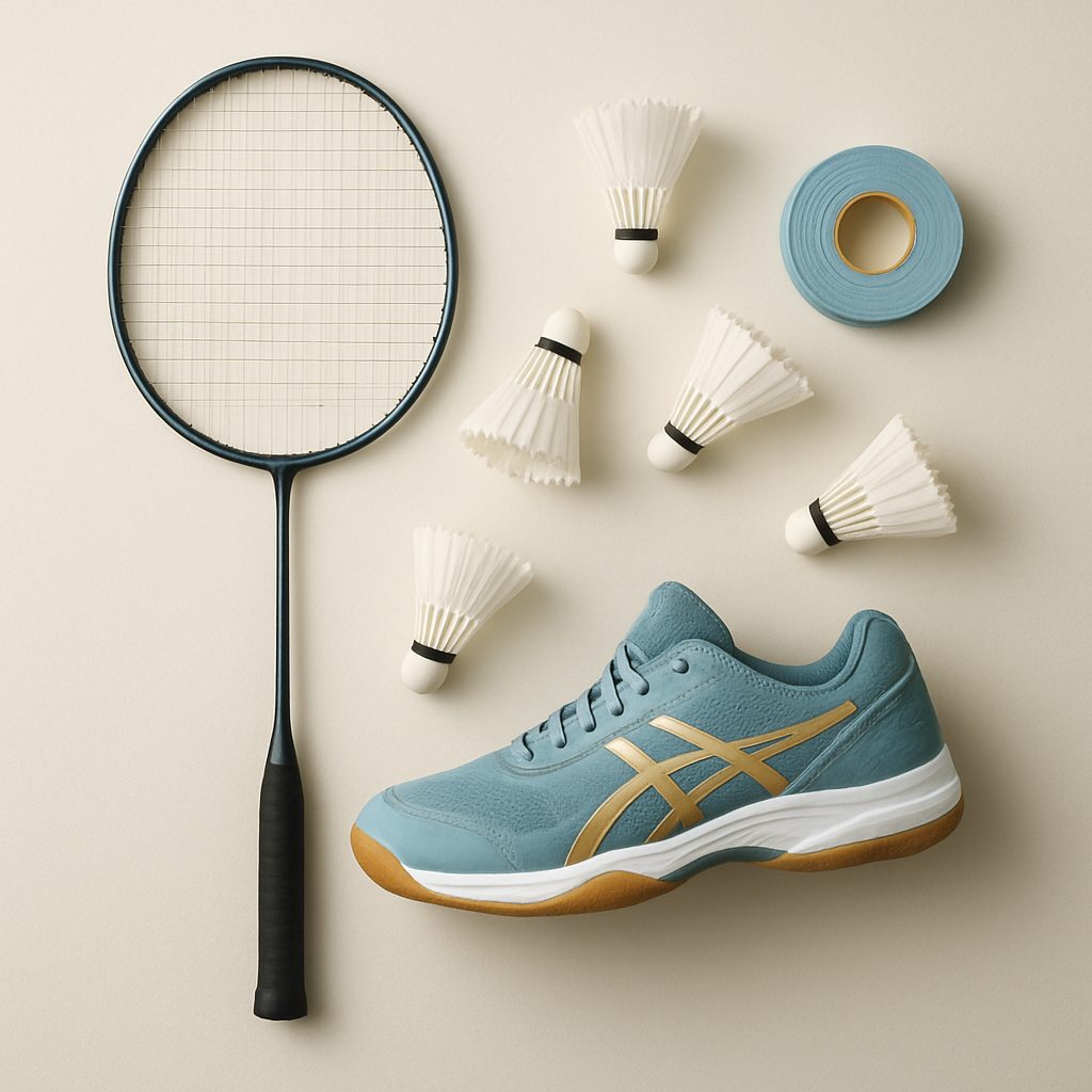 Equipamiento de bádminton dispuesto sobre una superficie clara: raqueta, volantes y calzado