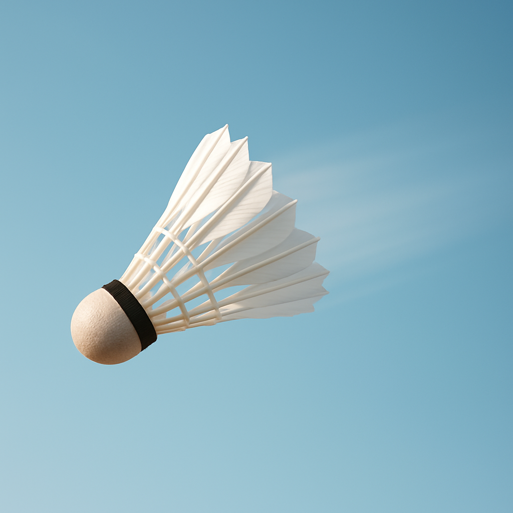 Una volante de bádminton congelada en pleno vuelo sobre un cielo celeste